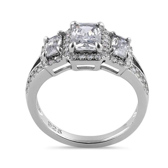 New Sterling Silver Triple Rectangular Halo Clear CZ Engagement Ring - Picture 3 of 4